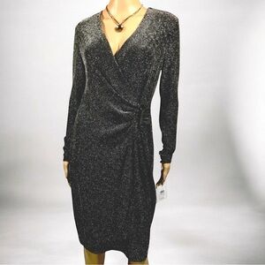 Calvin Klein Metallic Faux Wrap Midi Dress | Silver Black V-Neck Long Sleeve